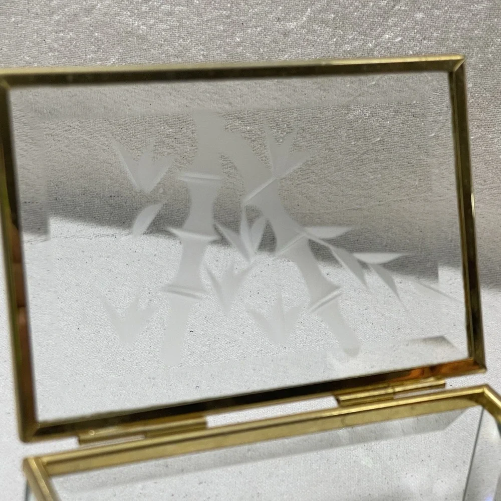 Vintage Glass Brass Mirrored Jewelry Trinket Vanity Display Box Etched‎ Bamboo
